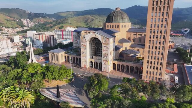 Catholic Temple In Aparecida Sao Paulo Brazil. Breathtaking Aerial View Of Famous Church In The City. Construction Landscape Company Building Amazing. Construction Town. Aparecida Sao Paulo.