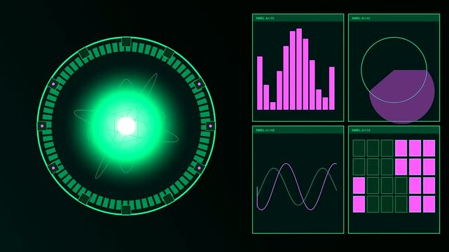 A pulsing Fusion Reactor Core displays dynamic energy fluctuations as complex digital telemetry data updates rapidly across several graphical interfaces in this futuristic scientific simulation video
