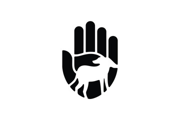 Fototapeta premium Black silhouette of a human hand cupping a small animal, representing protection, care, animal welfare, and kindness, isolated on a white background, flat