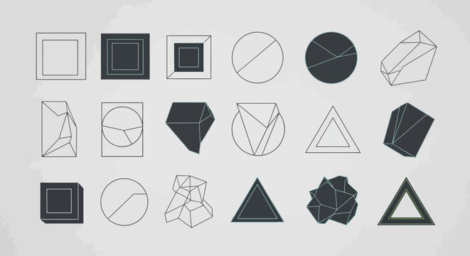 Abstract geometric shapes, line art, and 3D forms on grey background