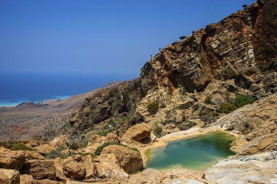 Pond at the coast, Homhil protected area, island of Socotra, Yemen