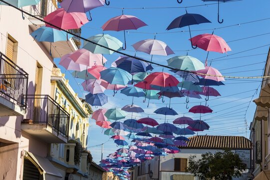 Umbrellas Street in Pula, Sardinia, Italy