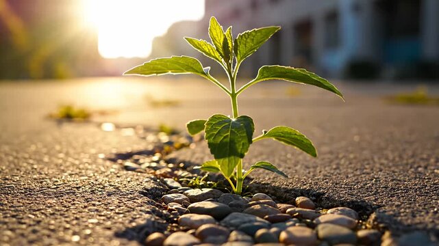 Plant growth through asphalt sunlight nature outdoors green life