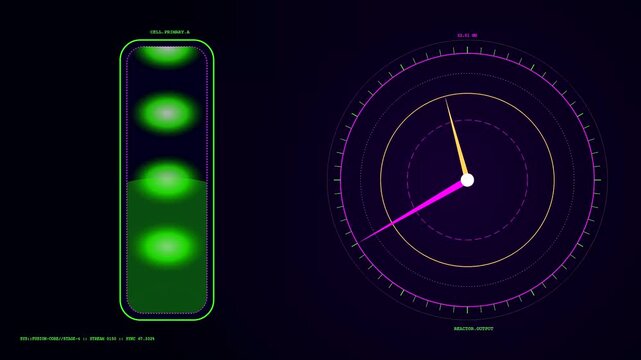This Fusion Reactor Core HUD display shows data while needles on circular gauges rotate rapidly beside green vertical battery level indicators.