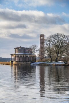 Church of the Saviour with Campanile on the Havel in winter, Park Sacrow, Potsdam, Brandenburg, Germany