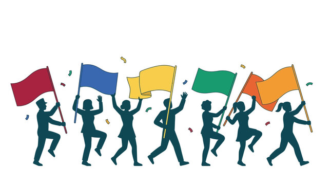 Group of People Celebrating with Colorful Flags Silhouette