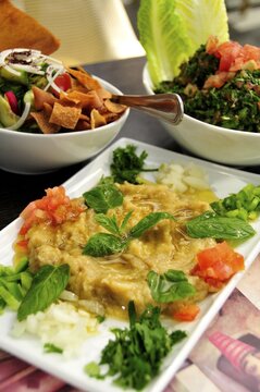 Baba Ganoush, eggplant or aubergine cream, Fattush, bread salad and tabouleh, parsley salad, Arabic mezze, appetizers in a Beirut restaurant, Beirut, Lebanon, Middle East, Asia