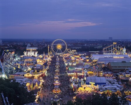 View from St Pauls Church to the Oktoberfest at dawn Munich Germany