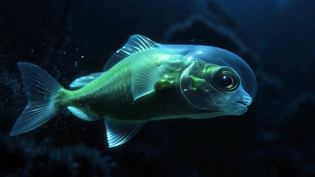 Small fish with bubble head swims in dark water