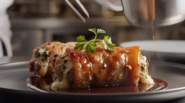 Chef plating a gourmet dish with rich sauce and fresh herbs.