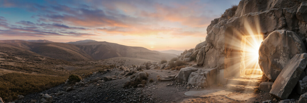 Empty stone tomb with bright light shining from inside. Wide panoramic landscape of the biblical resurrection cave at sunrise. Happy Easter banner background with copy space on the left