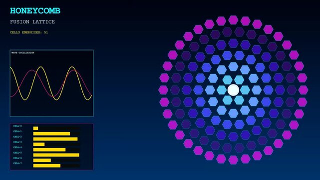A futuristic digital display monitors a Fusion Reactor Core while glowing hexagonal cells pulse with energy and wave patterns oscillate across the control interface screens.