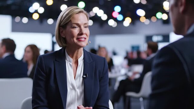 A confident businesswoman with blonde hair, wearing a dark suit and white shirt, is attentively listening during an interview with an unseen person while seated in a bustling convention center