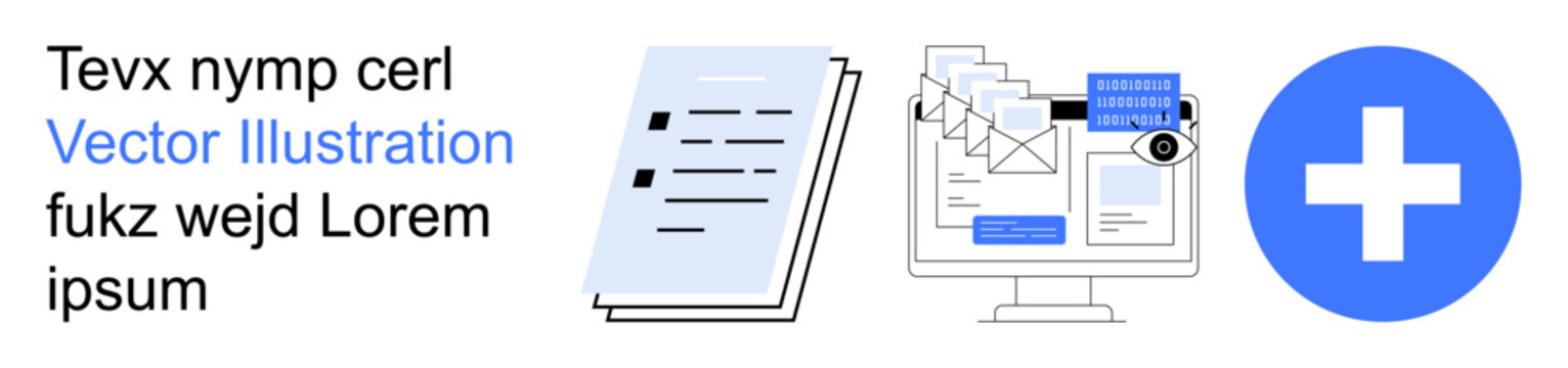 Business operations, communication tools, digital healthcare, document sharing, workflow management, online services. Papers, emails a document and a blue cross icon. Business operations