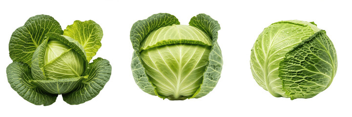 Obraz premium Set of fresh green cabbage heads isolated on white background, raw organic vegetables for healthy diet, vegetarian cooking ingredient, high quality studio photography, collection of whole round cabbag