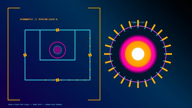 A digital simulation of a high energy fusion reactor core pulses with vibrant light as data points circulate around a complex holographic user interface schematic display.