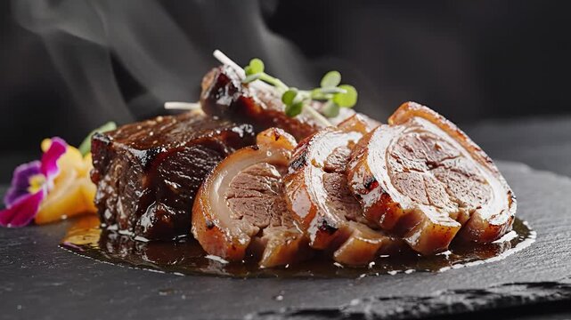 Deliciously Roasted Meat Dish with Steaming Sauce and Garnish.