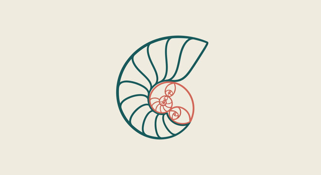 Abstract Nautilus Shell Spiral Illustration with Golden Ratio Geometry. Minimalist Logarithmic Curve Line Art Design.