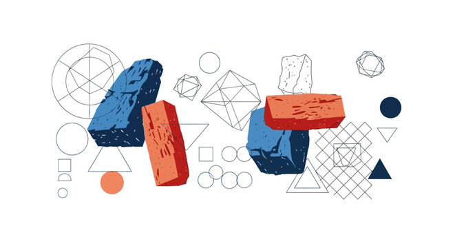 Geometric Abstract Composition with 3D Shapes and Lines