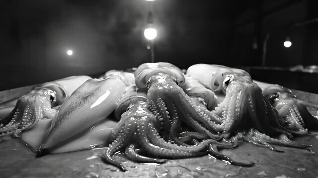 Black and white close up of fresh squid display at a fish market beneath bright overhead lights