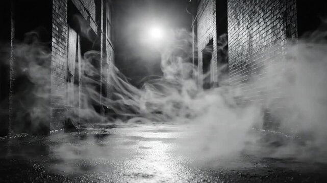 Eerie monochrome urban alleyway with swirling fog, illuminated by a single overhead light source, creating suspenseful ambiance