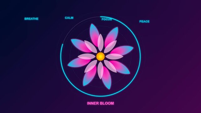 This vibrant mental wellness progress tracker features a blooming lotus animation and circular glowing line to guide users through breathing exercises for stress relief and mindfulness.
