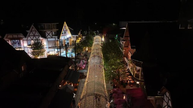 Night Capivari Village In Campos Do Jordao Sao Paulo Brazil. City Skyline Showing Modern And Traditional Architecture. Building Landscape Birds View Stunning.
