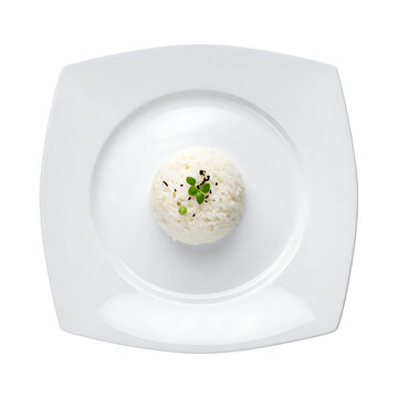 Isolated mound of white rice with chopped green onions and black sesame seeds on a white square plate, overhead view