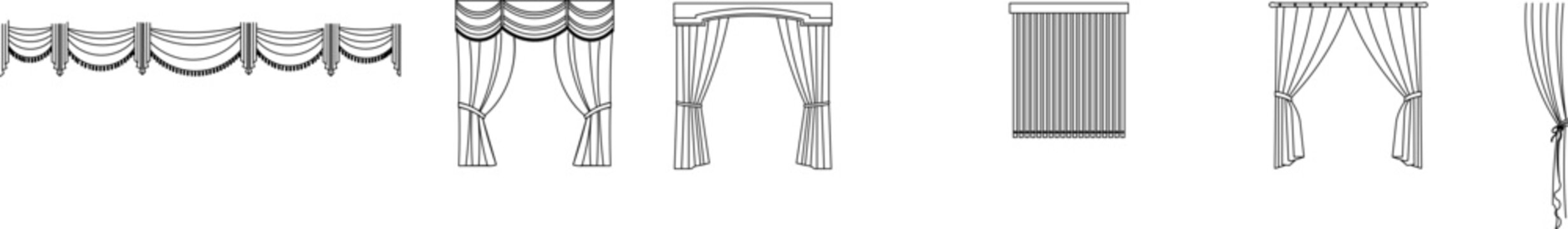 Collection of curtain and drapery design symbols featuring decorative swag valances, formal window treatments with tiebacks, simple panels, and vertical blinds.