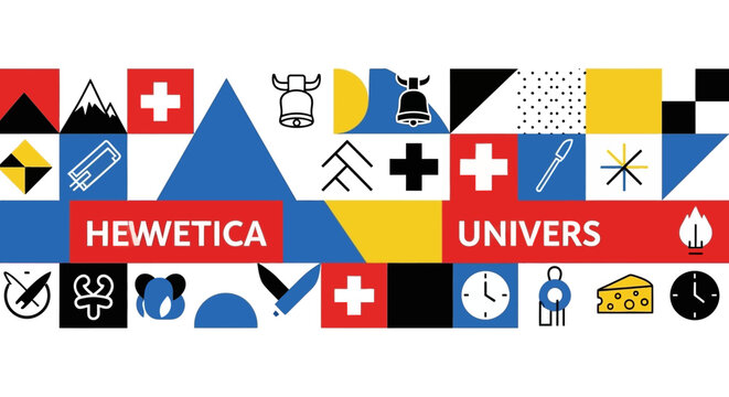Swiss graphic design banner with icons, abstract shapes, and swiss cross