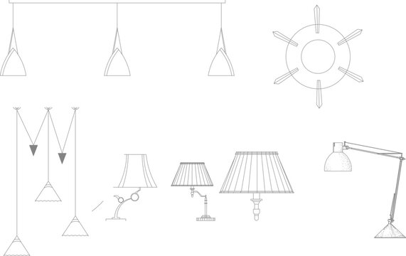 Collection of diverse lighting fixture symbols including conical pendants, a circular radial chandelier, a zigzag multi-pendant arrangement, adjustable task lamps, and wall sconces with pleated shades