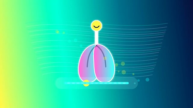 An abstract digital interface visualizes a user's mental wellness progress through a calming breathing exercise animation featuring a smiling character and a moving horizontal tracking slider
