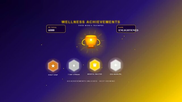Tracking your daily Mental Wellness Progress through a digital achievement interface that rewards mindfulness habits with XP points and gold badges on a dark screen.