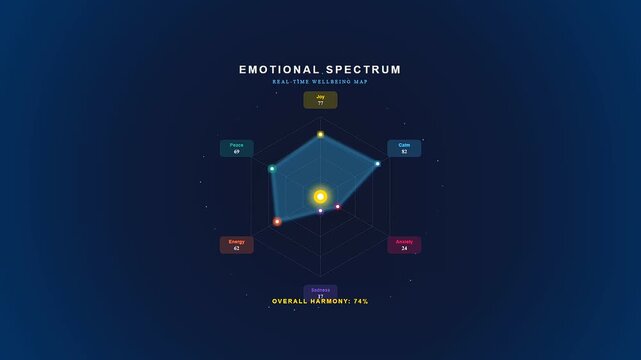 An animated digital dashboard displays mental wellness progress through a dynamic radar chart tracking various emotional states for personal health monitoring and psychological analysis on screen