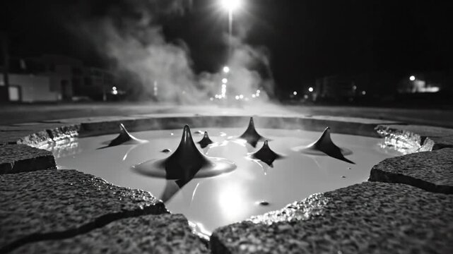 Black and white close up video of a geothermal geyser hot spring with steam at night