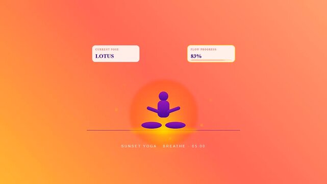 Tracking daily mental wellness progress with a guided yoga animation sequence that features stylized characters transitioning between mountain tree and seated lotus positions on screens