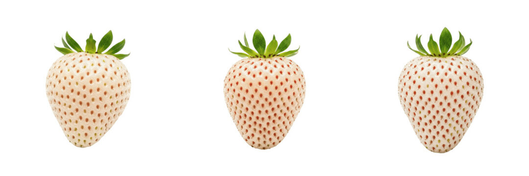 Set of Three White Pineberries, Rare Pineberry Fruit PNG Elements with Green Leaves, Unique Strawberry Hybrid Clipart for Gourmet Food Designs, High-Quality Isolated Transparent Assets,