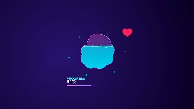 Achieving a significant mental wellness progress, this animated sequence shows a brain filling up with blue liquid while a percentage counter rises toward a full recovery.