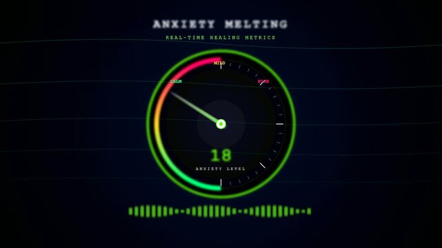 Visualizing mental wellness progress through a digital interface that tracks anxiety reduction from high stress levels to a state of profound calm and inner peace.
