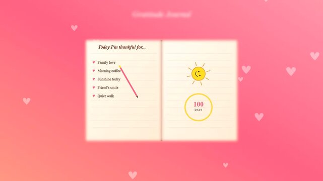 This conceptual animation tracks mental wellness progress through a gratitude journal that fills with positive entries as a circular indicator reaches a hundred days.