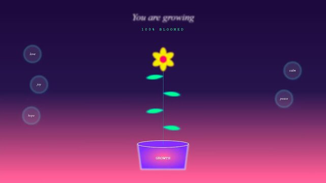 This animated video demonstrates mental wellness progress as a small green seedling grows into a vibrant yellow flower in a purple pot on gradient background.