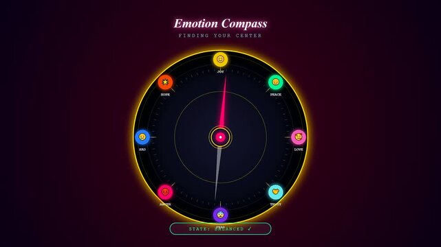 Monitoring your personal mental wellness progress using a glowing digital emotion compass that rotates its pink needle from a slanted position to a stable balanced state.
