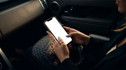 A side perspective shot of a female professional holding a modern mobile phone mockup with a bright blank screen while sitting inside the dark leather interior of a luxury automobile © Studio Fiuza