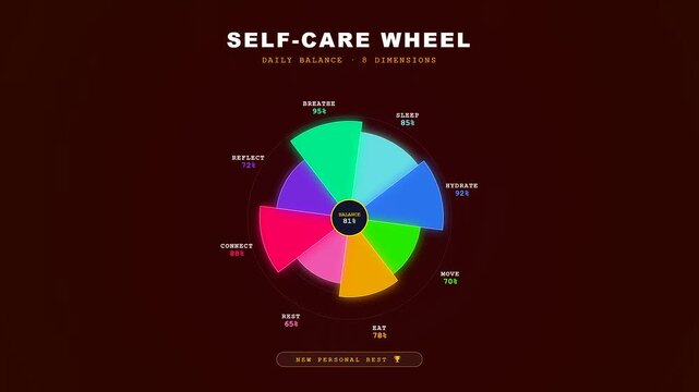 A glowing digital interface tracks mental wellness progress as colorful segments of a circular health wheel expand to show daily balance and self care improvements.