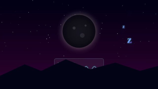 A peaceful animation depicting Mental Wellness Progress displays a cosmic solar eclipse alongside floating sleep symbols over distant mountains under a deep violet evening sky