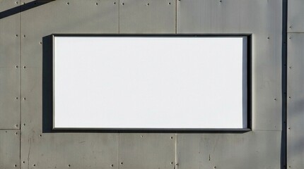 An empty horizontal billboard mockup mounted on an industrial grey metal panel wall with harsh...