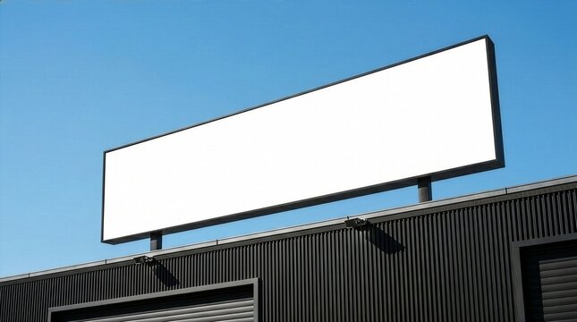 A wide empty horizontal billboard mockup mounted on the roof of a modern dark corrugated metal building against a clear blue sky.