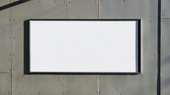 An empty horizontal billboard mockup mounted on an industrial grey metal panel wall with harsh sunlight shadows