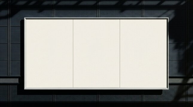 A blank horizontal three-panel billboard mockup mounted on a modern dark ribbed wall with soft daylight shadows. Ideal for showcasing panoramic advertising campaigns, corporate branding.