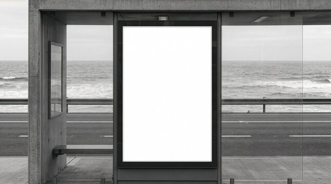An empty vertical advertising poster mockup at a modern concrete bus shelter overlooking a coastal highway and the ocean.